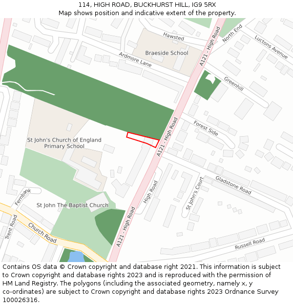114, HIGH ROAD, BUCKHURST HILL, IG9 5RX: Location map and indicative extent of plot