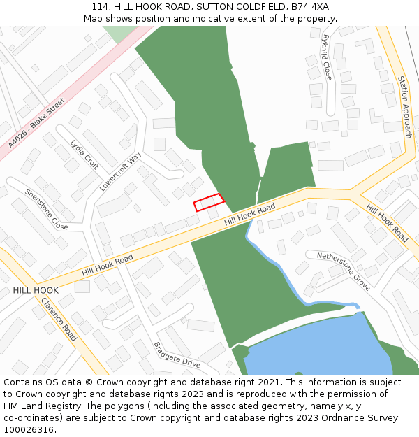 114, HILL HOOK ROAD, SUTTON COLDFIELD, B74 4XA: Location map and indicative extent of plot