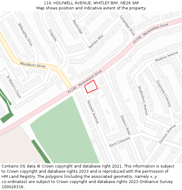 114, HOLYWELL AVENUE, WHITLEY BAY, NE26 3AF: Location map and indicative extent of plot