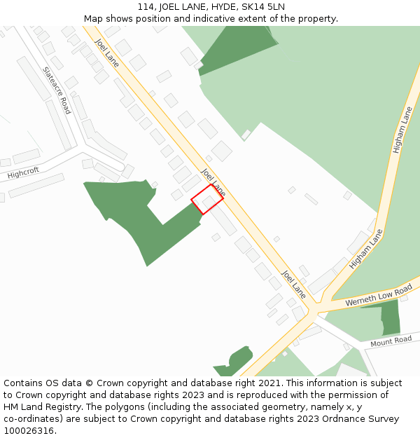 114, JOEL LANE, HYDE, SK14 5LN: Location map and indicative extent of plot