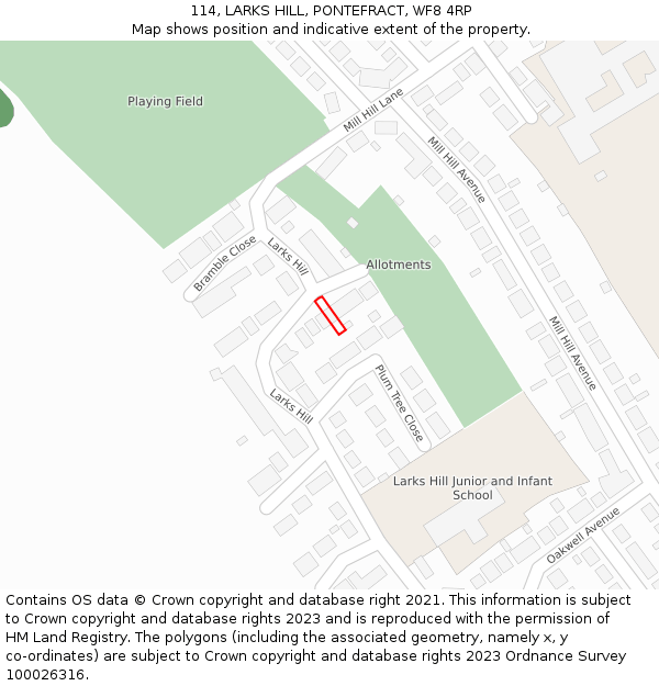 114, LARKS HILL, PONTEFRACT, WF8 4RP: Location map and indicative extent of plot