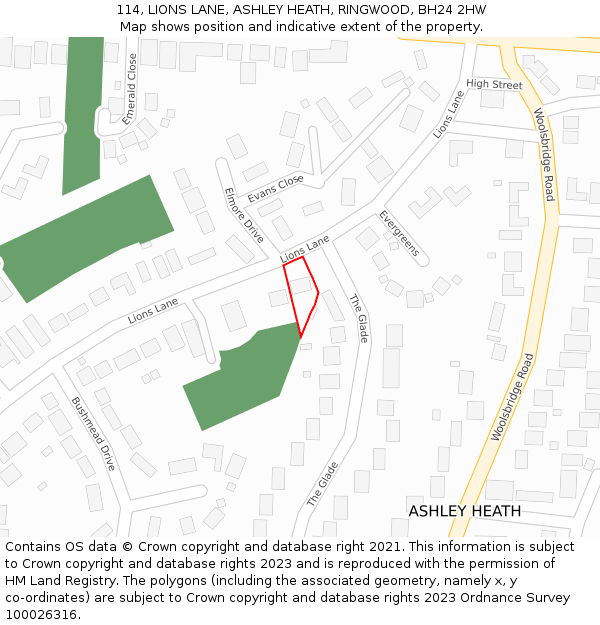 114, LIONS LANE, ASHLEY HEATH, RINGWOOD, BH24 2HW: Location map and indicative extent of plot