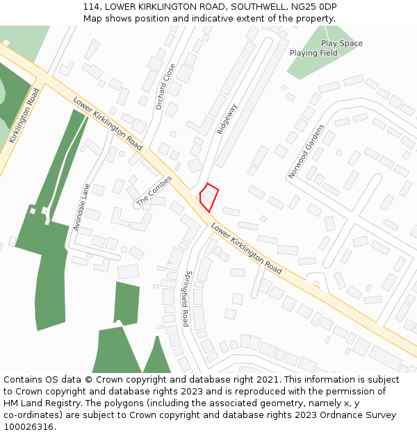 114, LOWER KIRKLINGTON ROAD, SOUTHWELL, NG25 0DP: Location map and indicative extent of plot