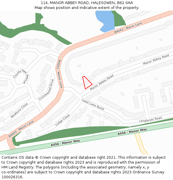114, MANOR ABBEY ROAD, HALESOWEN, B62 0AA: Location map and indicative extent of plot
