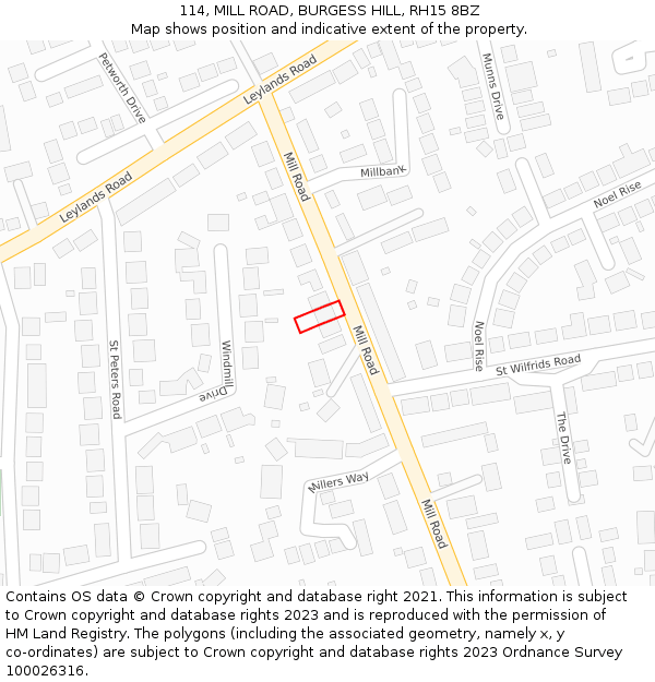 114, MILL ROAD, BURGESS HILL, RH15 8BZ: Location map and indicative extent of plot