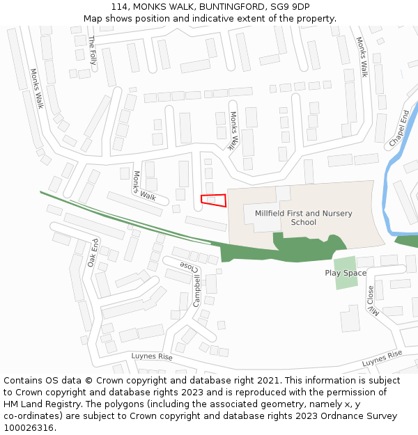 114, MONKS WALK, BUNTINGFORD, SG9 9DP: Location map and indicative extent of plot