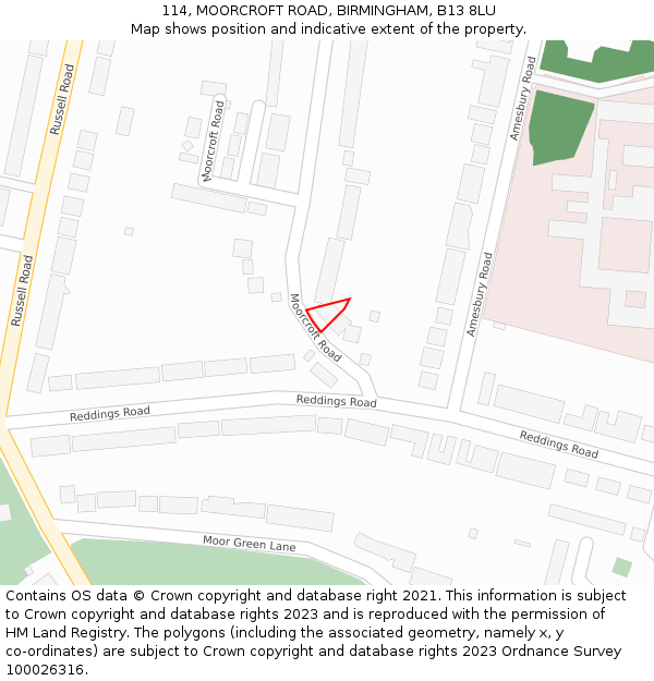 114, MOORCROFT ROAD, BIRMINGHAM, B13 8LU: Location map and indicative extent of plot