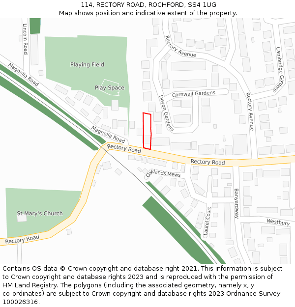 114, RECTORY ROAD, ROCHFORD, SS4 1UG: Location map and indicative extent of plot