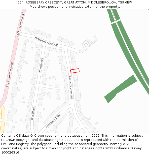 114, ROSEBERRY CRESCENT, GREAT AYTON, MIDDLESBROUGH, TS9 6EW: Location map and indicative extent of plot