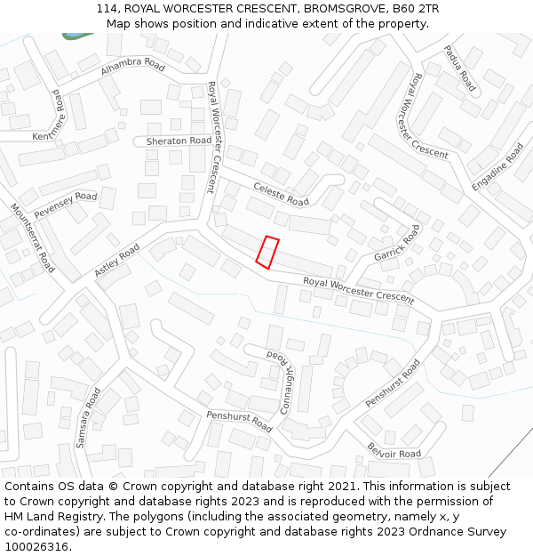 114, ROYAL WORCESTER CRESCENT, BROMSGROVE, B60 2TR: Location map and indicative extent of plot