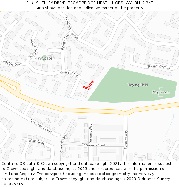 114, SHELLEY DRIVE, BROADBRIDGE HEATH, HORSHAM, RH12 3NT: Location map and indicative extent of plot