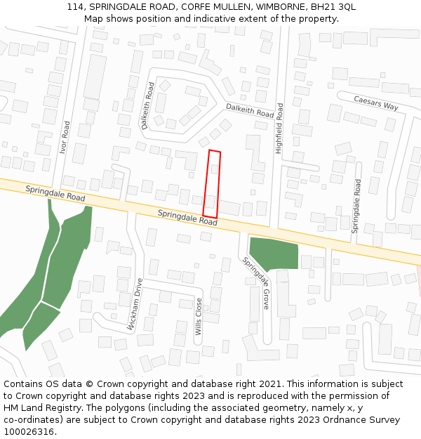 114, SPRINGDALE ROAD, CORFE MULLEN, WIMBORNE, BH21 3QL: Location map and indicative extent of plot