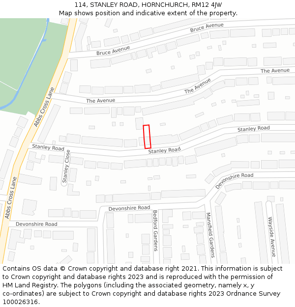 114, STANLEY ROAD, HORNCHURCH, RM12 4JW: Location map and indicative extent of plot