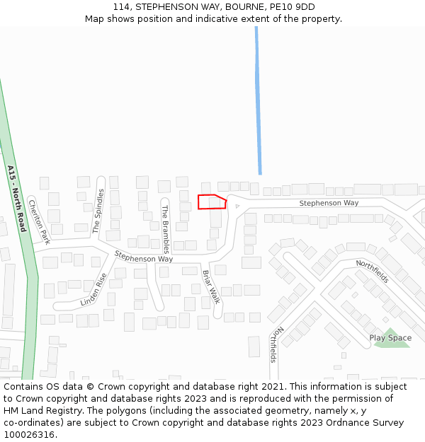 114, STEPHENSON WAY, BOURNE, PE10 9DD: Location map and indicative extent of plot