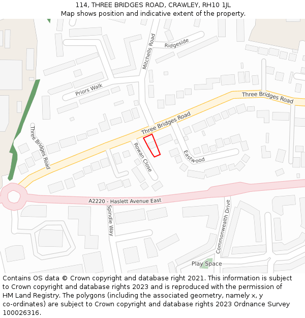 114, THREE BRIDGES ROAD, CRAWLEY, RH10 1JL: Location map and indicative extent of plot
