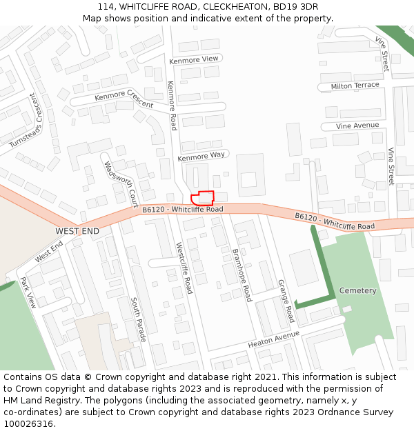 114, WHITCLIFFE ROAD, CLECKHEATON, BD19 3DR: Location map and indicative extent of plot