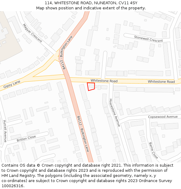 114, WHITESTONE ROAD, NUNEATON, CV11 4SY: Location map and indicative extent of plot