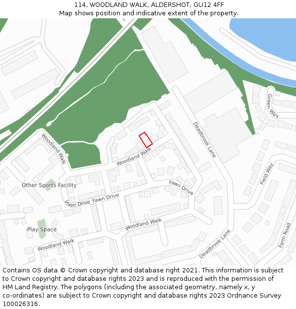 114, WOODLAND WALK, ALDERSHOT, GU12 4FF: Location map and indicative extent of plot
