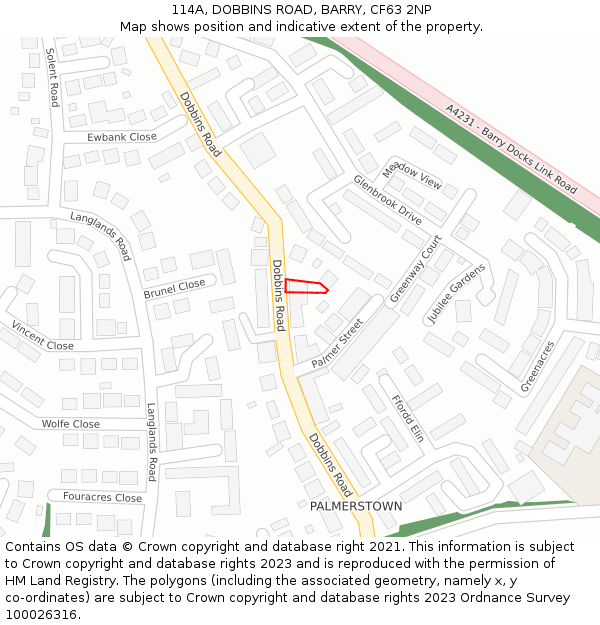 114A, DOBBINS ROAD, BARRY, CF63 2NP: Location map and indicative extent of plot