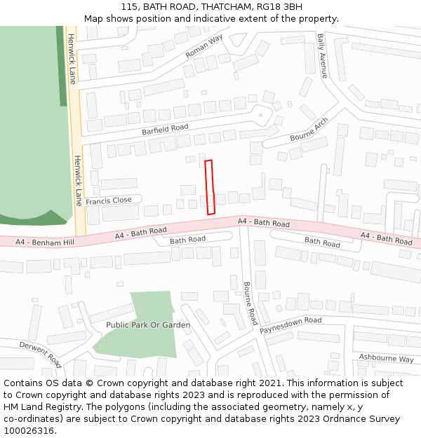 115, BATH ROAD, THATCHAM, RG18 3BH: Location map and indicative extent of plot