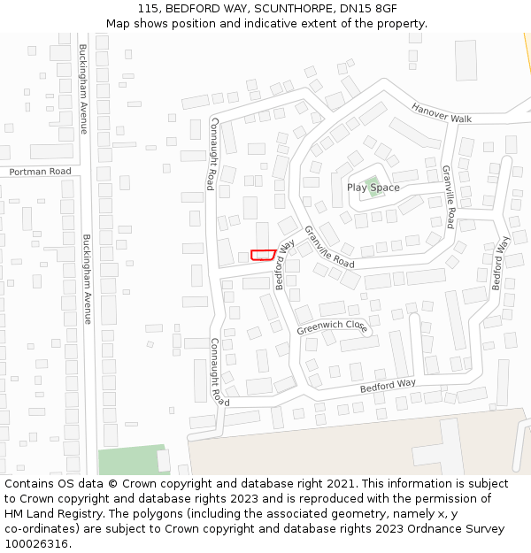 115, BEDFORD WAY, SCUNTHORPE, DN15 8GF: Location map and indicative extent of plot