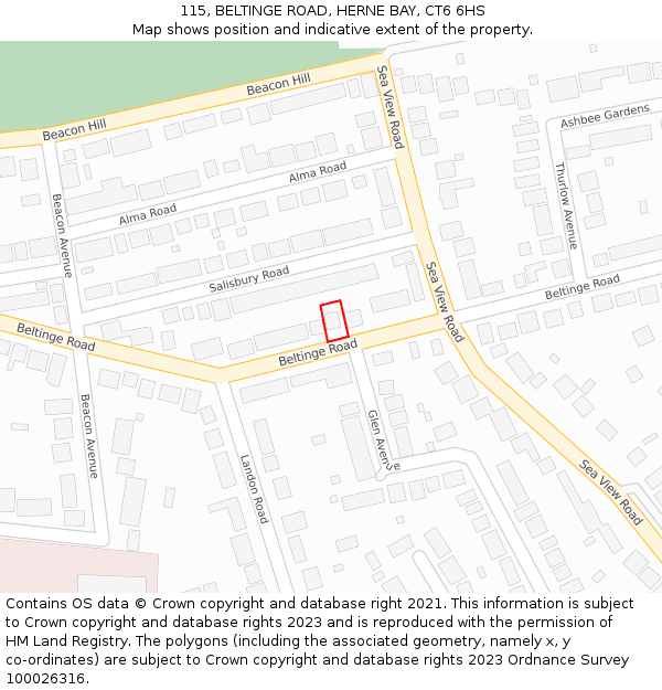 115, BELTINGE ROAD, HERNE BAY, CT6 6HS: Location map and indicative extent of plot