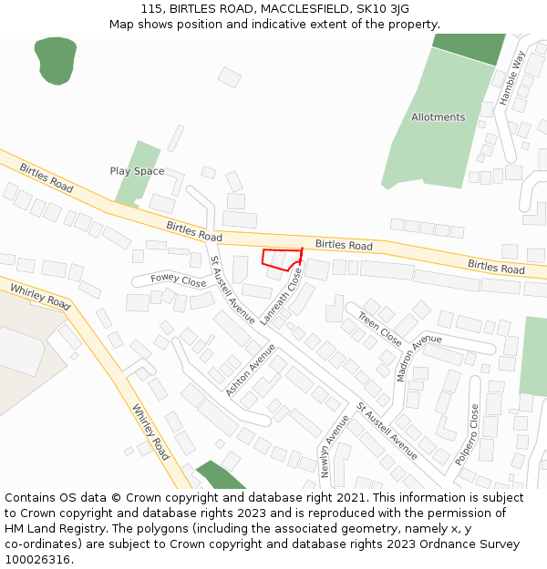115, BIRTLES ROAD, MACCLESFIELD, SK10 3JG: Location map and indicative extent of plot
