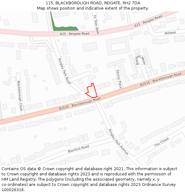 115, BLACKBOROUGH ROAD, REIGATE, RH2 7DA: Location map and indicative extent of plot