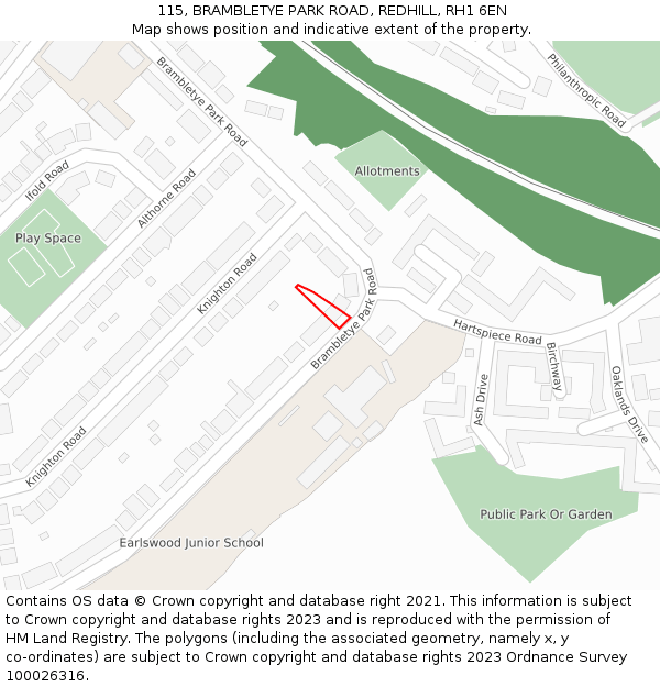 115, BRAMBLETYE PARK ROAD, REDHILL, RH1 6EN: Location map and indicative extent of plot