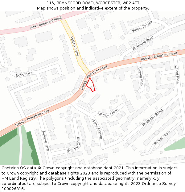 115, BRANSFORD ROAD, WORCESTER, WR2 4ET: Location map and indicative extent of plot
