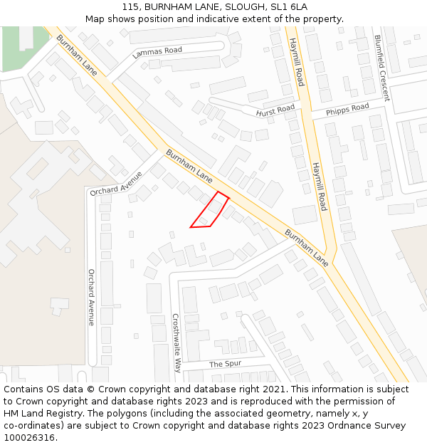 115, BURNHAM LANE, SLOUGH, SL1 6LA: Location map and indicative extent of plot