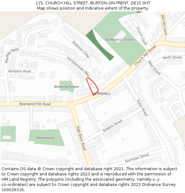 115, CHURCH HILL STREET, BURTON-ON-TRENT, DE15 0HT: Location map and indicative extent of plot