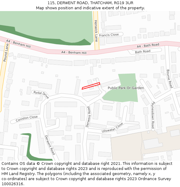 115, DERWENT ROAD, THATCHAM, RG19 3UR: Location map and indicative extent of plot