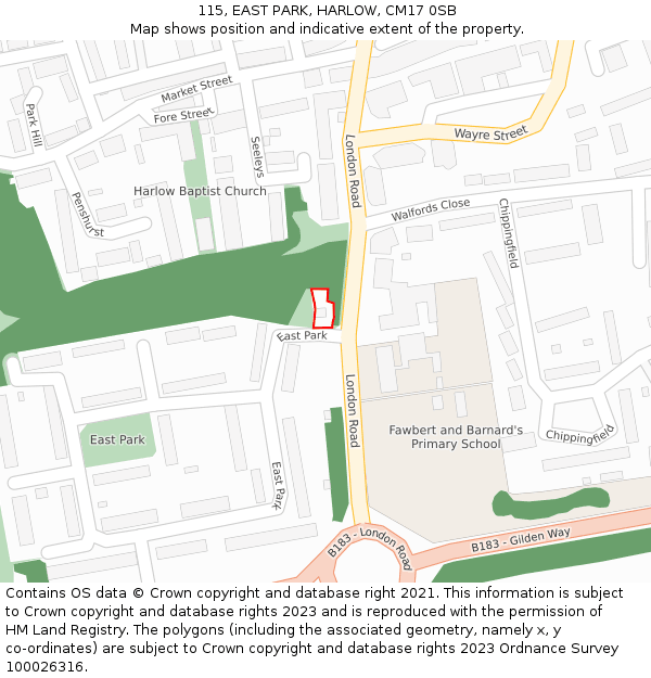 115, EAST PARK, HARLOW, CM17 0SB: Location map and indicative extent of plot