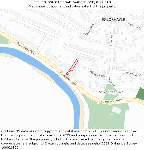 115, EGLOSHAYLE ROAD, WADEBRIDGE, PL27 6AG: Location map and indicative extent of plot