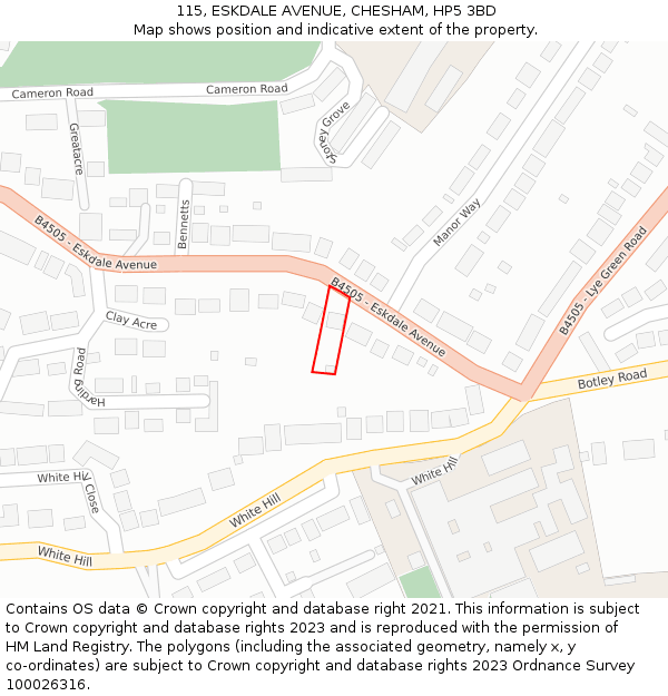 115, ESKDALE AVENUE, CHESHAM, HP5 3BD: Location map and indicative extent of plot