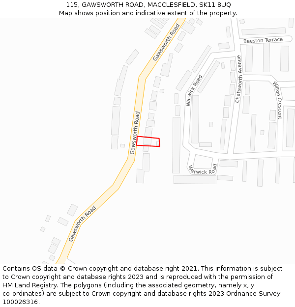 115, GAWSWORTH ROAD, MACCLESFIELD, SK11 8UQ: Location map and indicative extent of plot