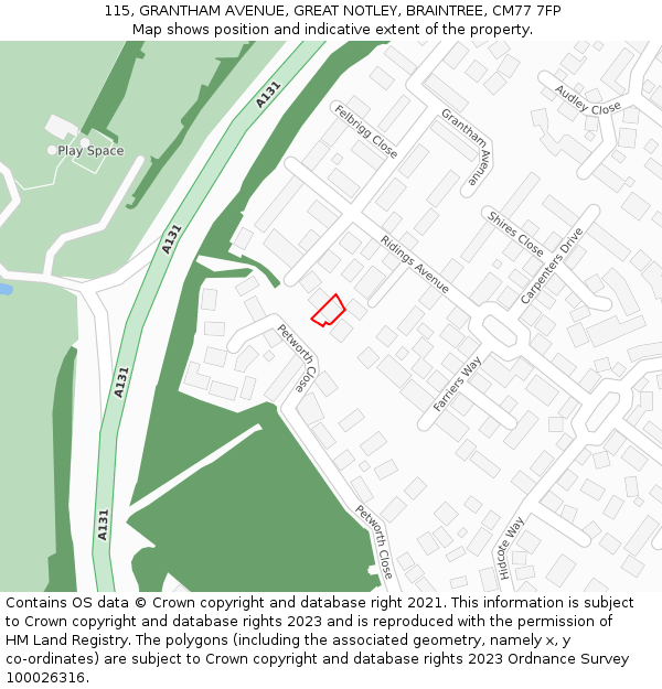 115, GRANTHAM AVENUE, GREAT NOTLEY, BRAINTREE, CM77 7FP: Location map and indicative extent of plot