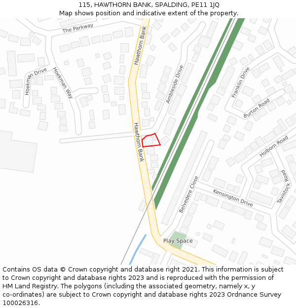 115, HAWTHORN BANK, SPALDING, PE11 1JQ: Location map and indicative extent of plot