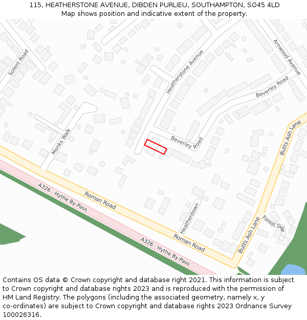 115, HEATHERSTONE AVENUE, DIBDEN PURLIEU, SOUTHAMPTON, SO45 4LD: Location map and indicative extent of plot