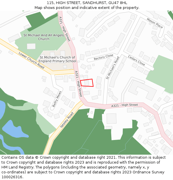 115, HIGH STREET, SANDHURST, GU47 8HL: Location map and indicative extent of plot