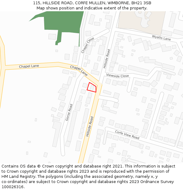 115, HILLSIDE ROAD, CORFE MULLEN, WIMBORNE, BH21 3SB: Location map and indicative extent of plot