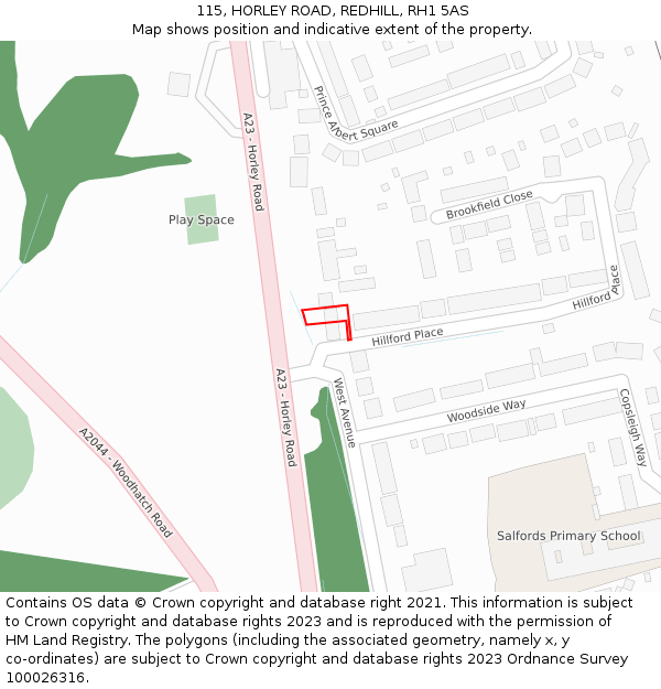115, HORLEY ROAD, REDHILL, RH1 5AS: Location map and indicative extent of plot