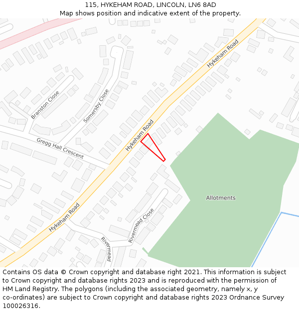 115, HYKEHAM ROAD, LINCOLN, LN6 8AD: Location map and indicative extent of plot