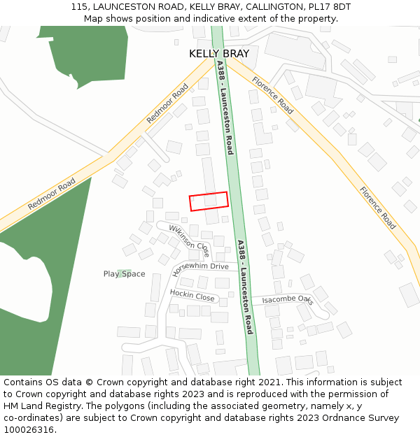 115, LAUNCESTON ROAD, KELLY BRAY, CALLINGTON, PL17 8DT: Location map and indicative extent of plot