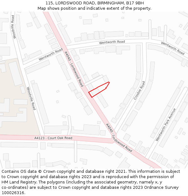 115, LORDSWOOD ROAD, BIRMINGHAM, B17 9BH: Location map and indicative extent of plot