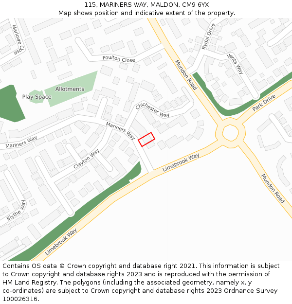 115, MARINERS WAY, MALDON, CM9 6YX: Location map and indicative extent of plot