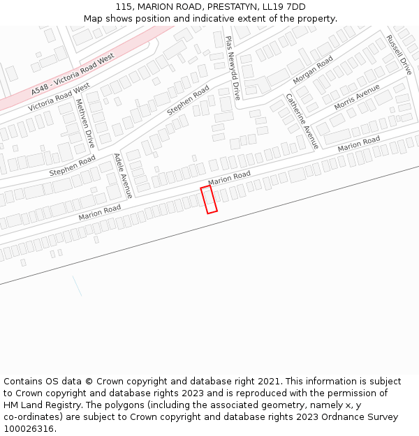 115, MARION ROAD, PRESTATYN, LL19 7DD: Location map and indicative extent of plot