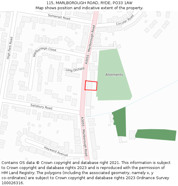 115, MARLBOROUGH ROAD, RYDE, PO33 1AW: Location map and indicative extent of plot