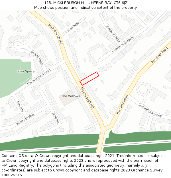 115, MICKLEBURGH HILL, HERNE BAY, CT6 6JZ: Location map and indicative extent of plot